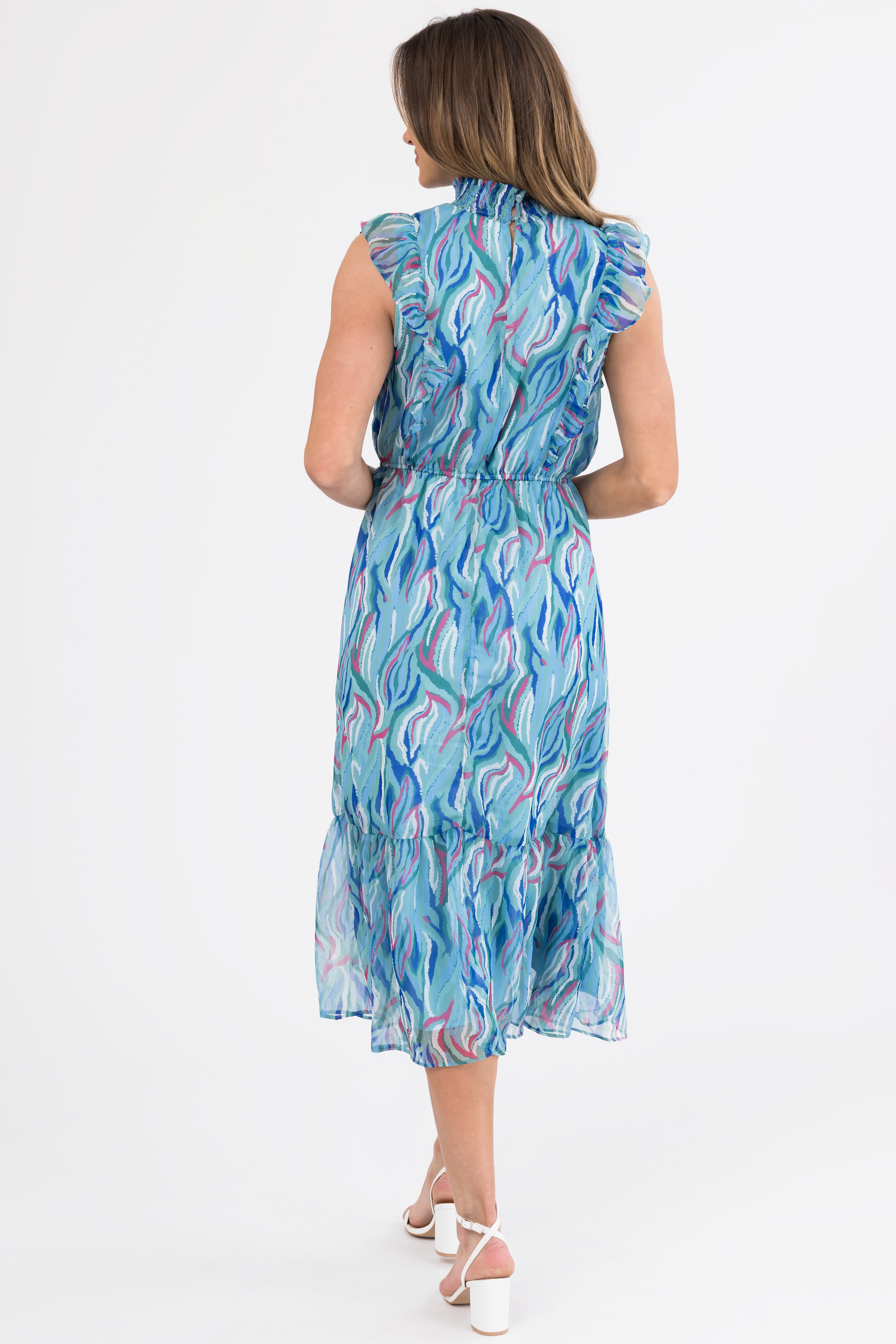 Seafoam Abstract Print Ruffled Midi Dress