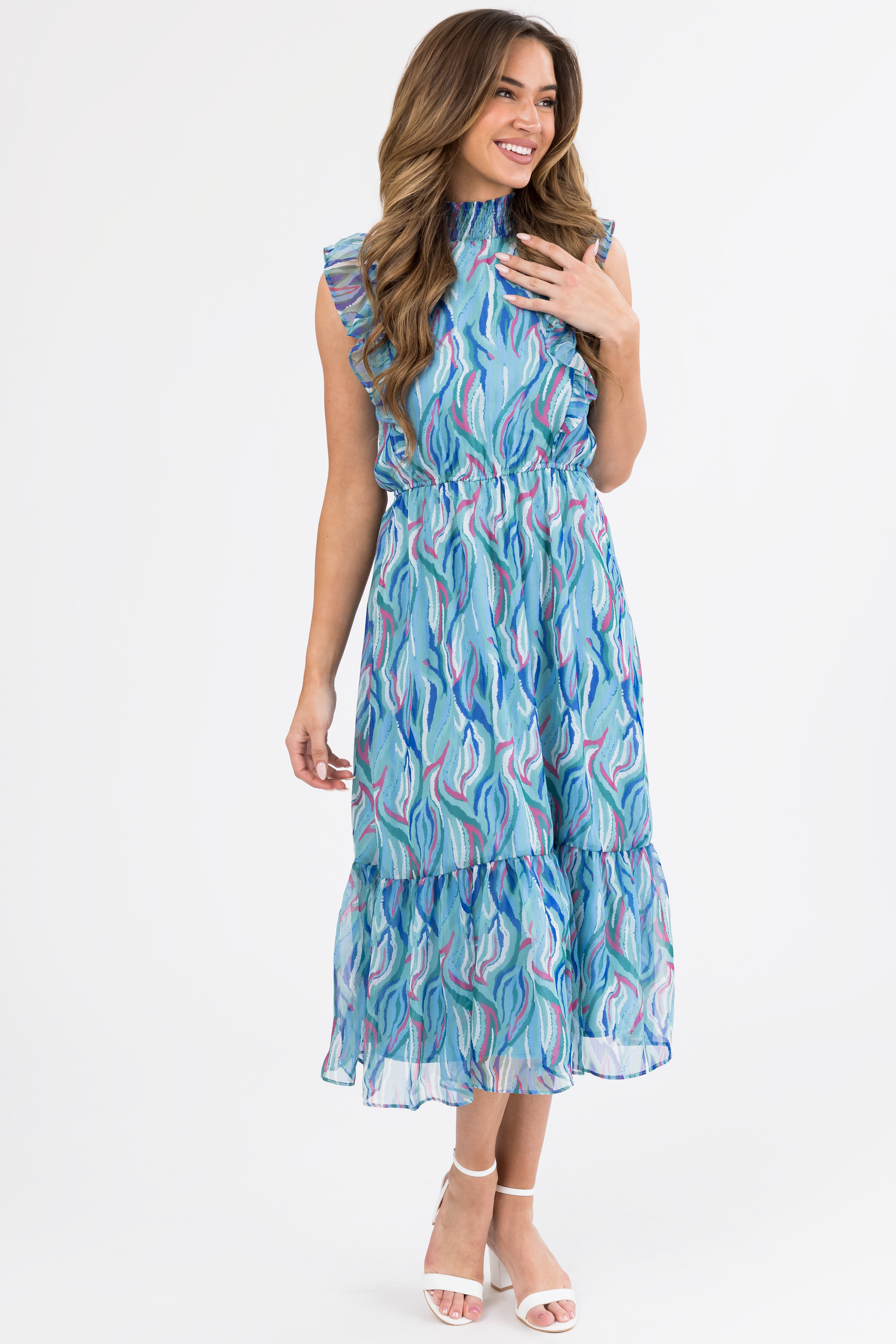 Seafoam Abstract Print Ruffled Midi Dress