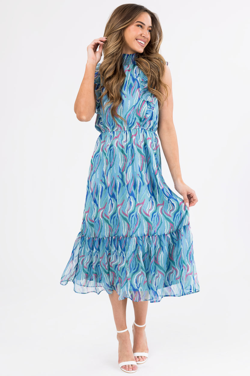 Seafoam Abstract Print Ruffled Midi Dress