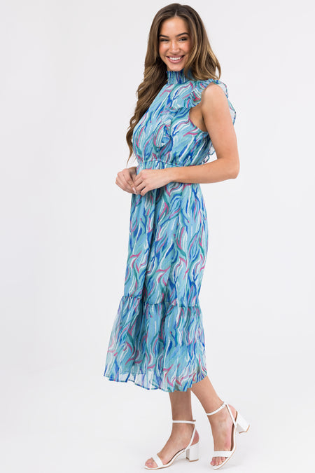 Seafoam Abstract Print Ruffled Midi Dress