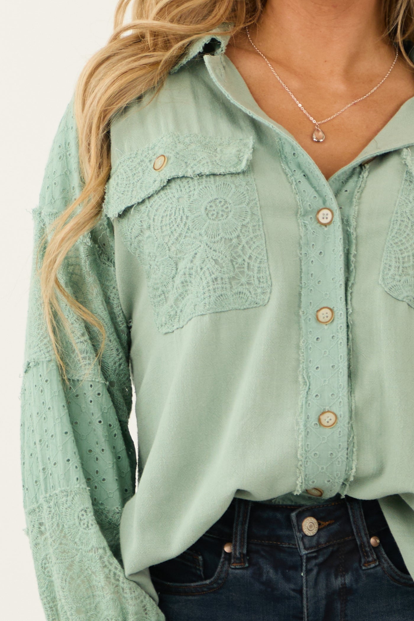 Seafoam Linen Button Down Long Sleeve Shacket