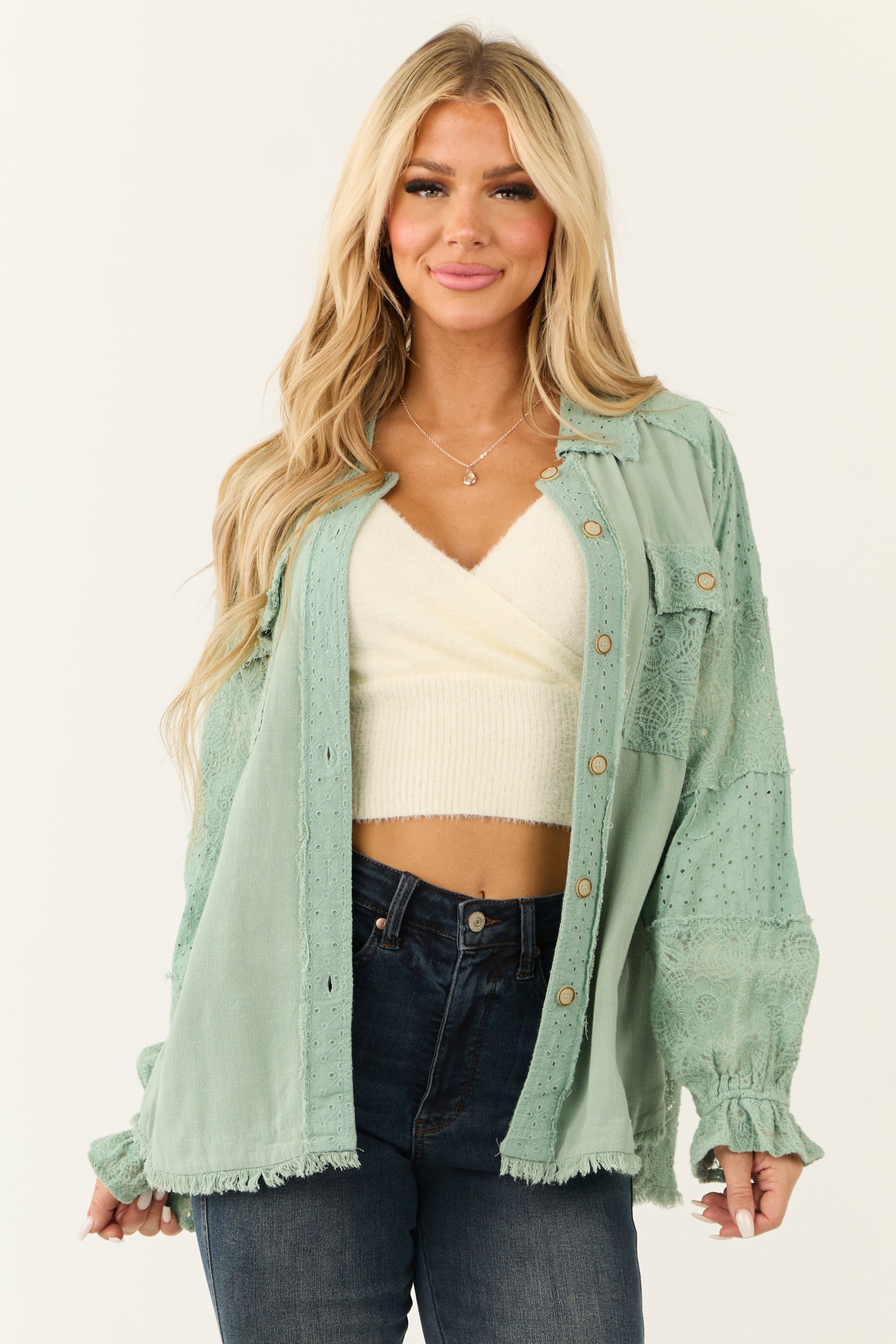 Seafoam Linen Button Down Long Sleeve Shacket