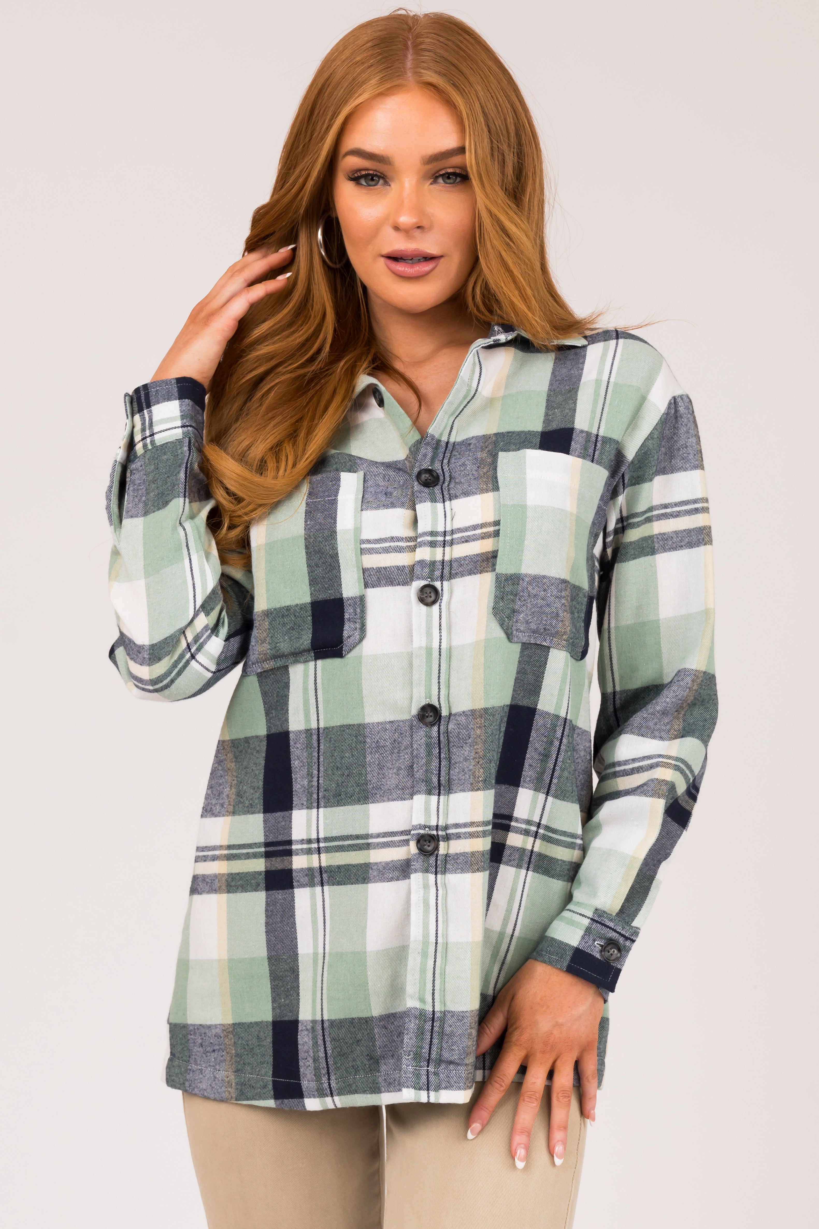 Seafoam Plaid Button Up Long Sleeve Top | Lime Lush