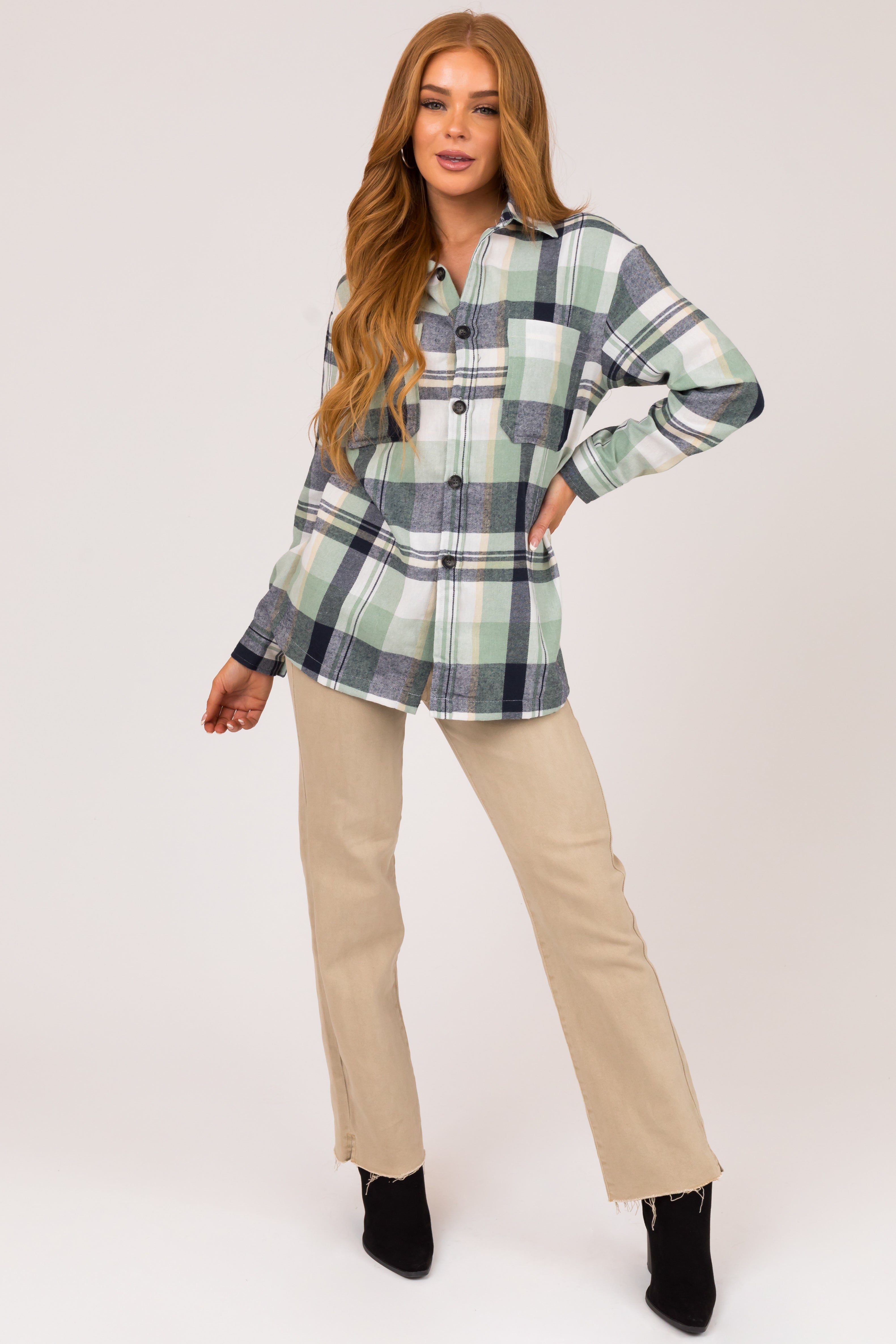 Seafoam Plaid Button Up Long Sleeve Top