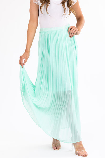 Seafoam Pleated Chiffon Elastic Waist Maxi Skirt