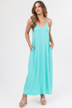 Seafoam Sleeveless Knit Maxi Dress with Pockets