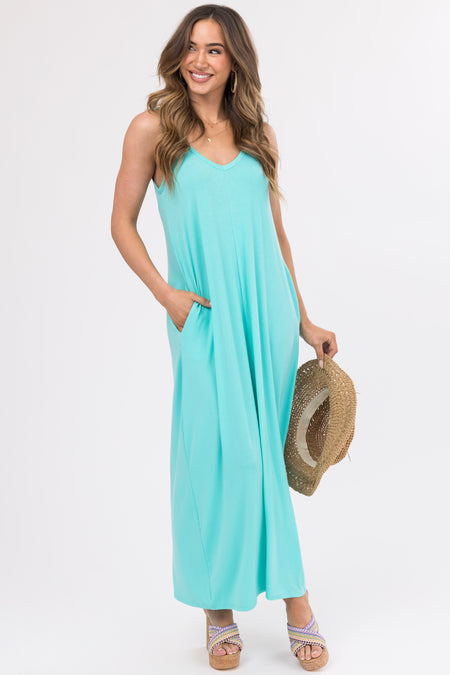 Seafoam Sleeveless Knit Maxi Dress with Pockets