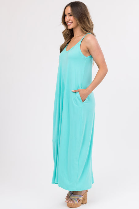 Seafoam Sleeveless Knit Maxi Dress with Pockets