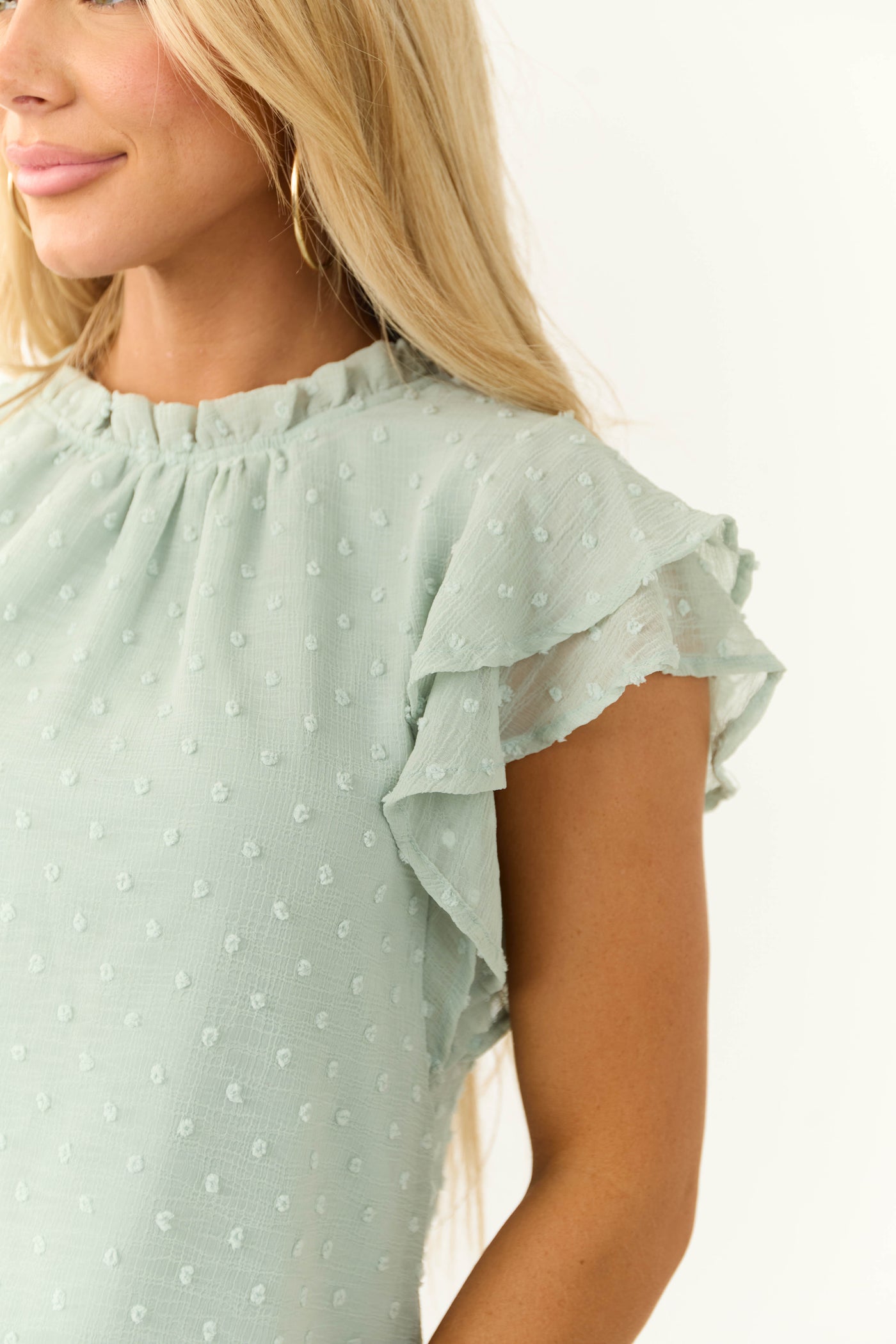 Seafoam Swiss Dot Ruffle Sleeve Blouse