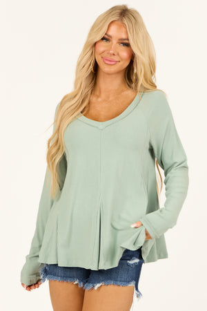 Seafoam V Neck Long Sleeve Swing Hem Knit Top