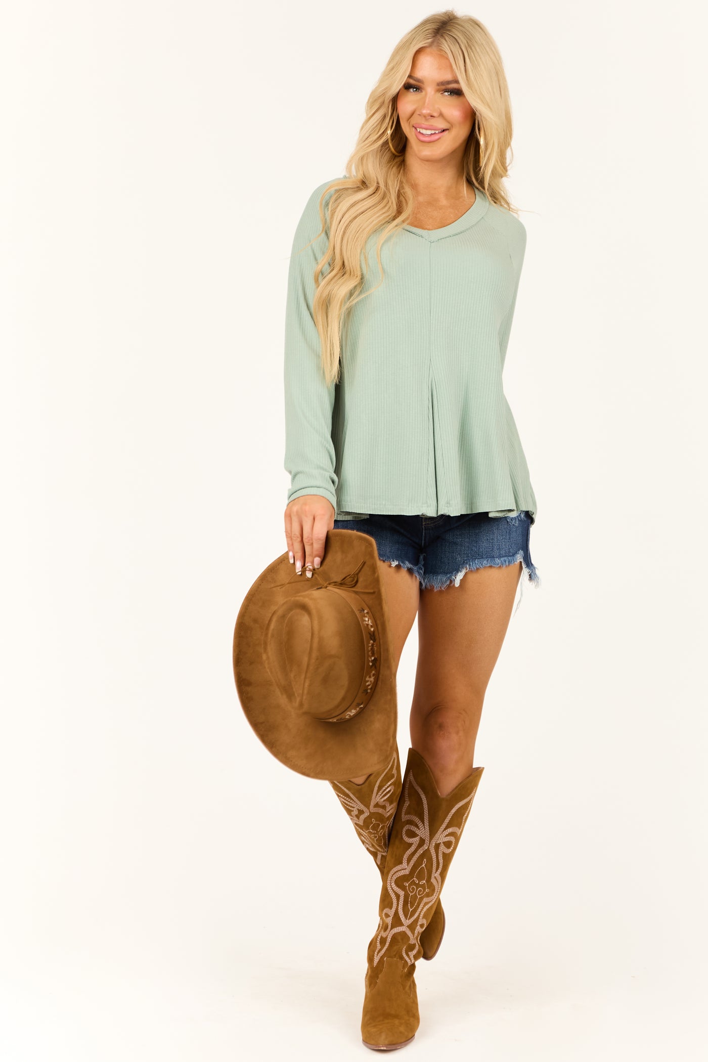 Seafoam V Neck Long Sleeve Swing Hem Knit Top