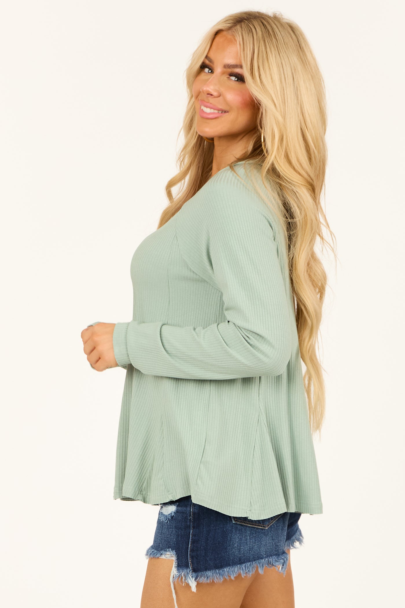 Seafoam V Neck Long Sleeve Swing Hem Knit Top