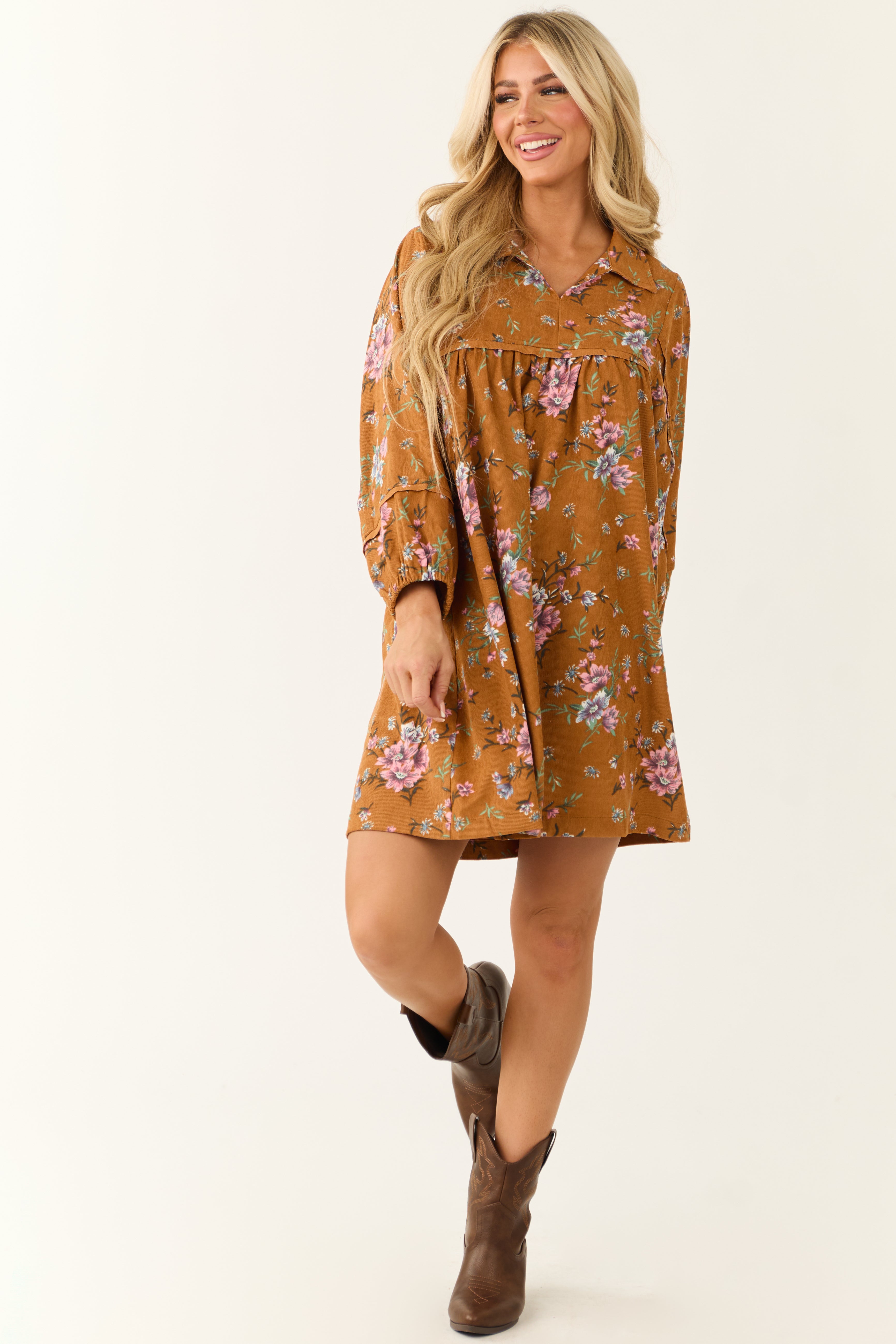 Sedona Floral Print Corduroy Collared Mini Dress