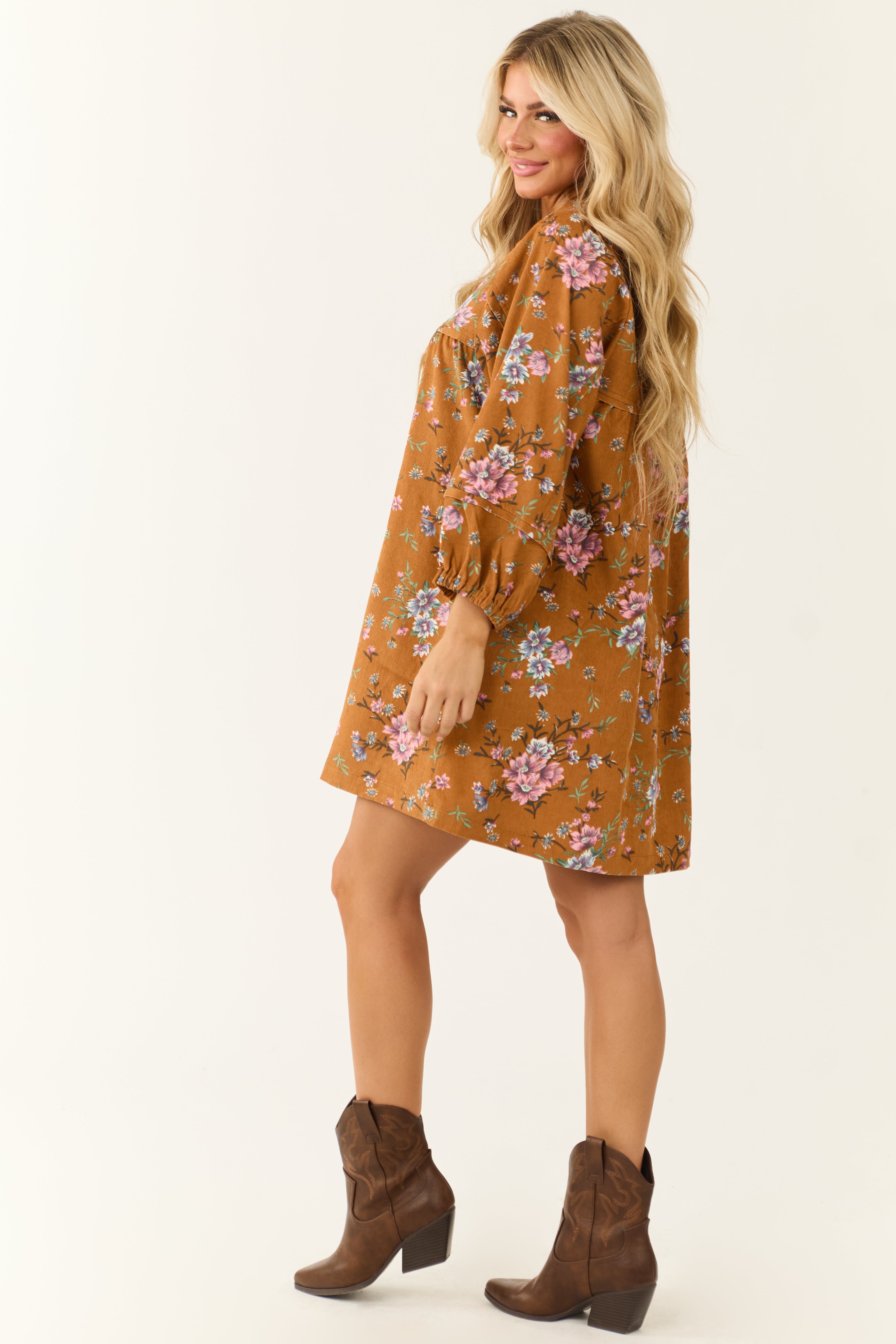 Sedona Floral Print Corduroy Collared Mini Dress