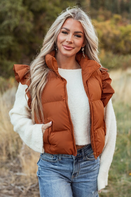 Sedona Ruffle Sleeve Zip Up Quilted Puffer Vest