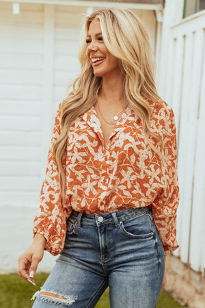 Sedona and Apricot Floral Print Buttoned Top