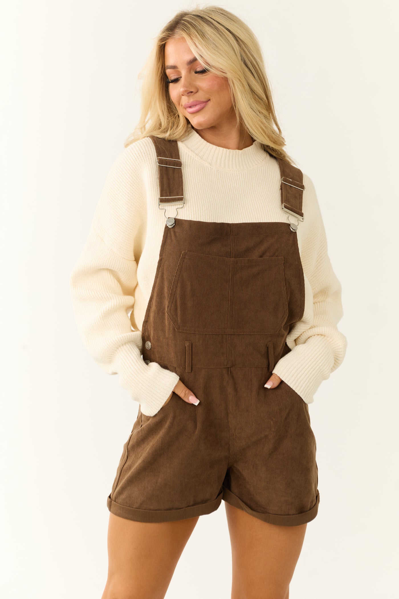 Sepia Corduroy Buckle Strap Overalls Romper