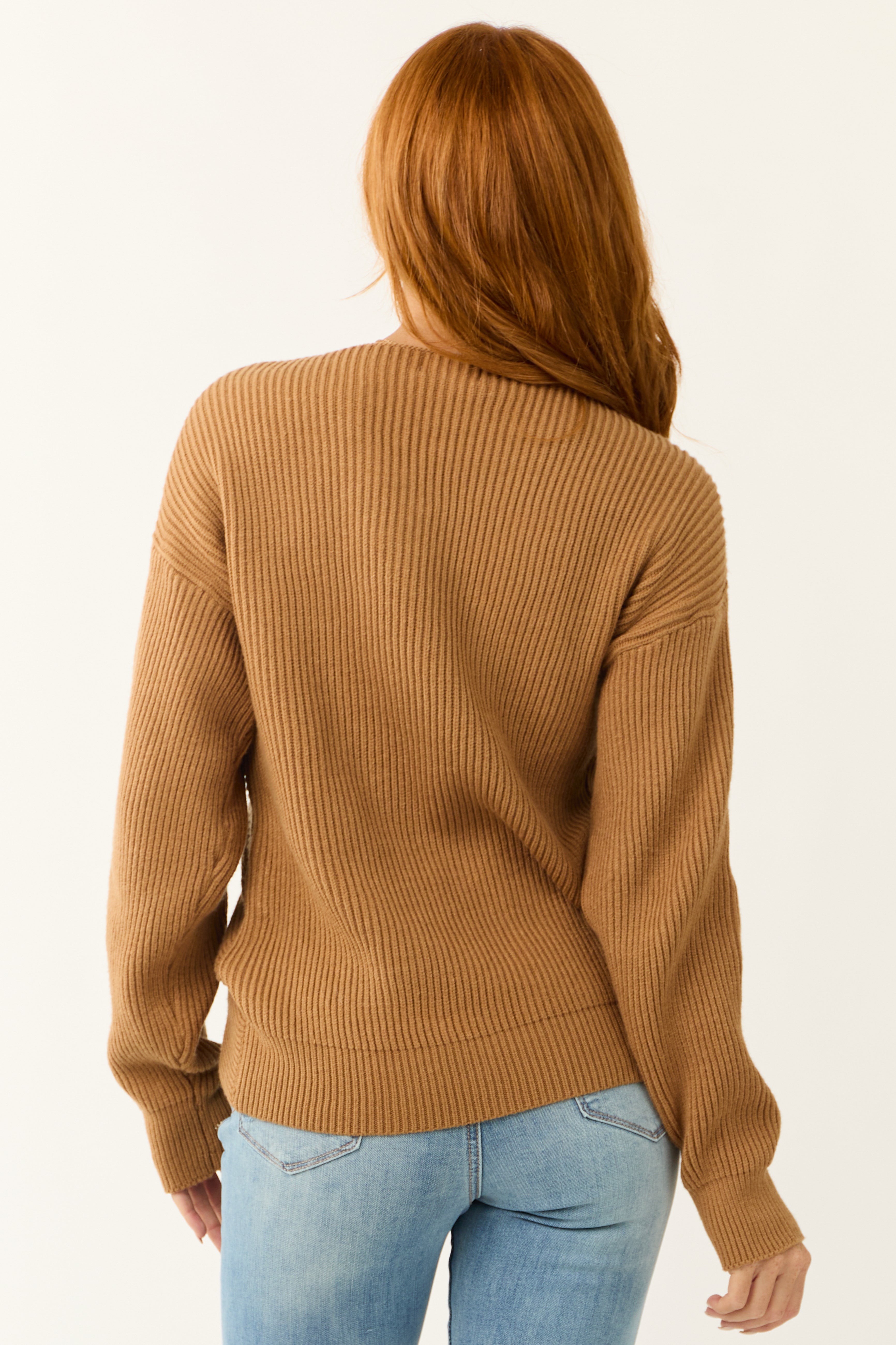 Sepia Crossover V Neck Ribbed Knit Sweater