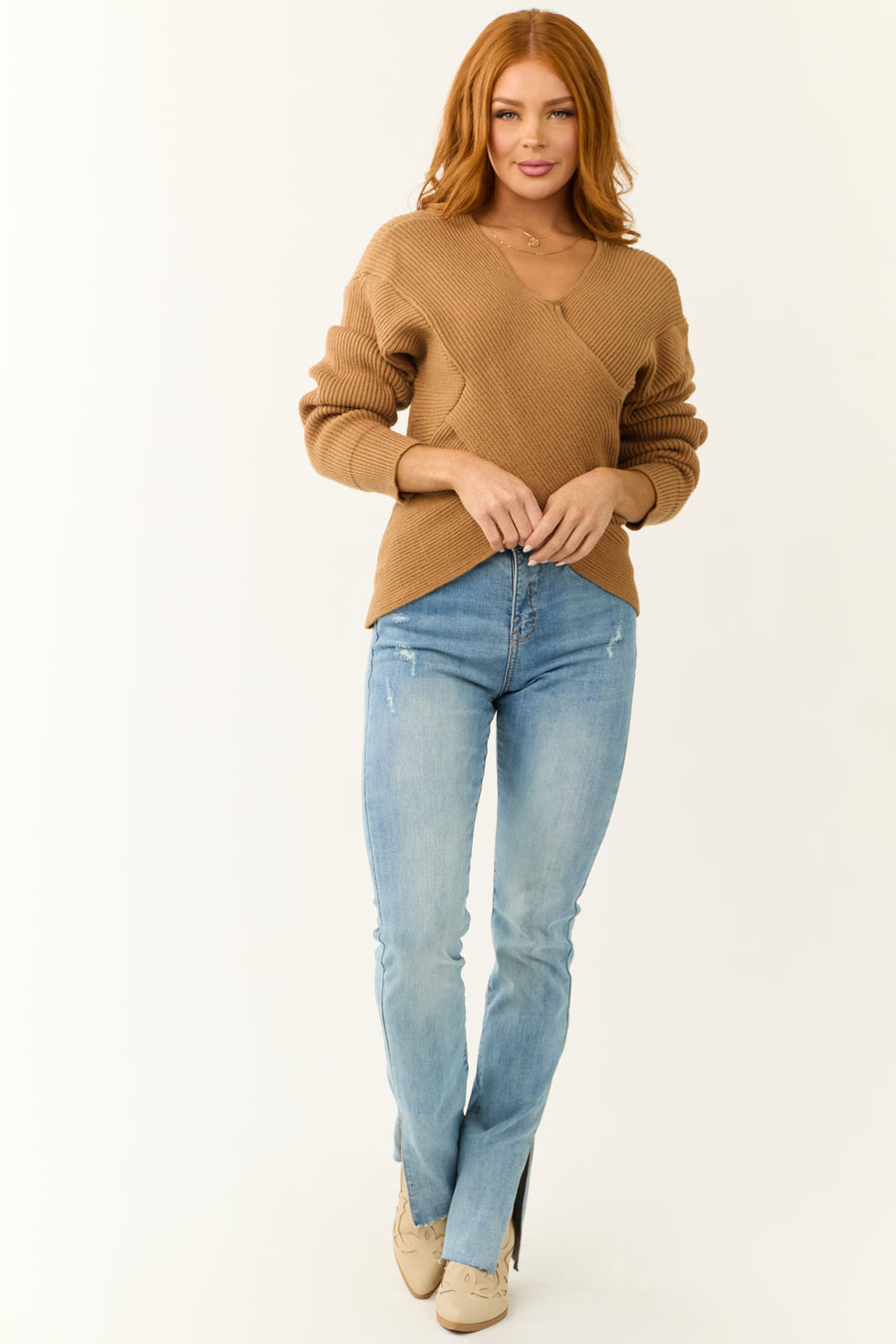 Sepia Crossover V Neck Ribbed Knit Sweater