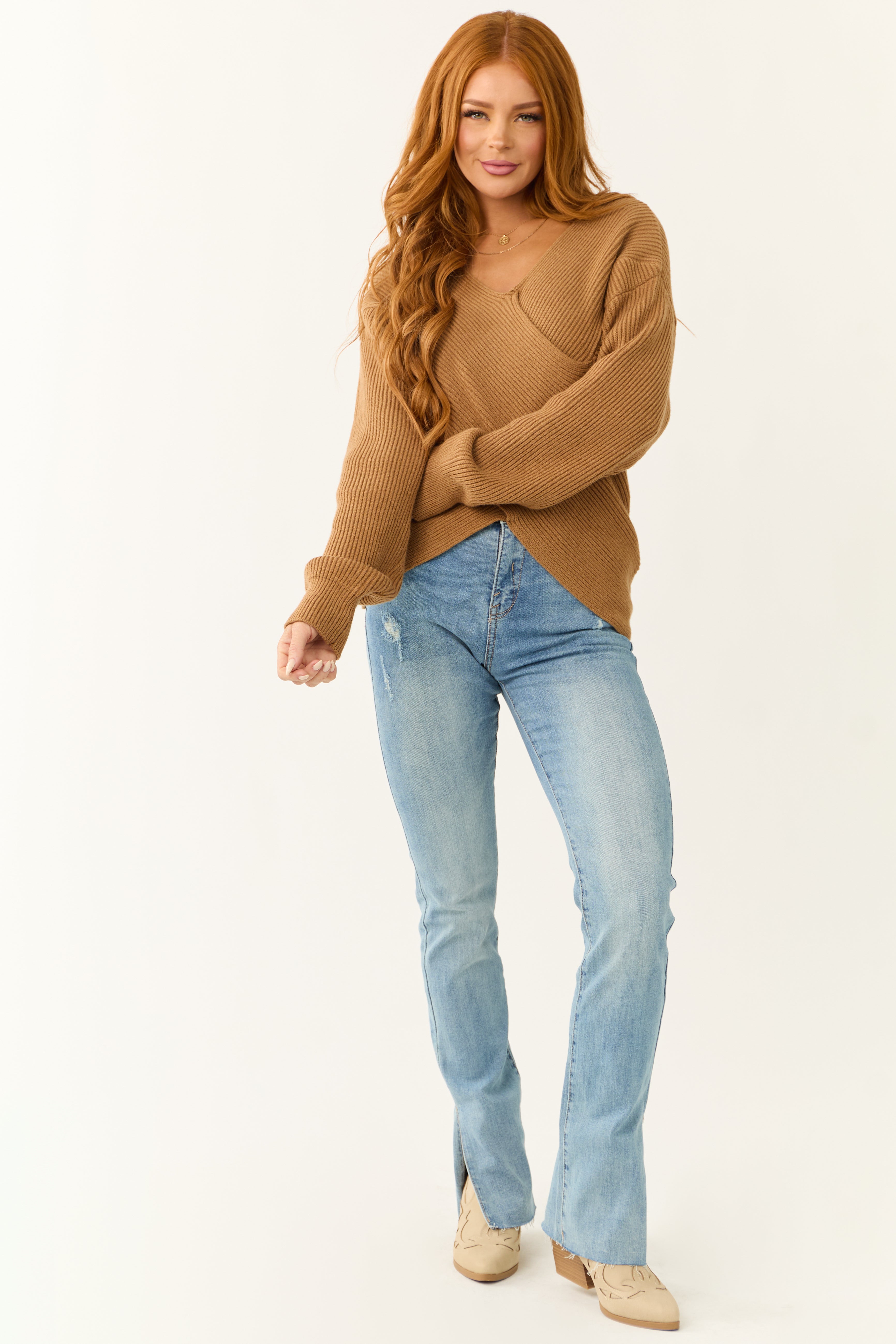 Sepia Crossover V Neck Ribbed Knit Sweater