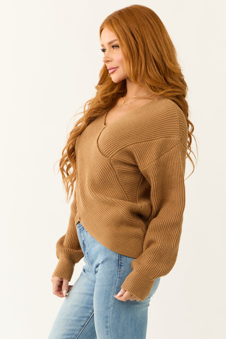 Sepia Crossover V Neck Ribbed Knit Sweater