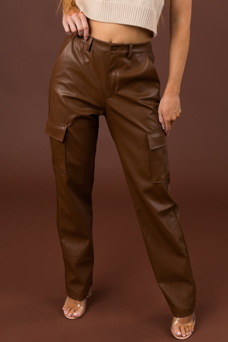 Sepia Faux Leather Cargo Straight Leg Pants