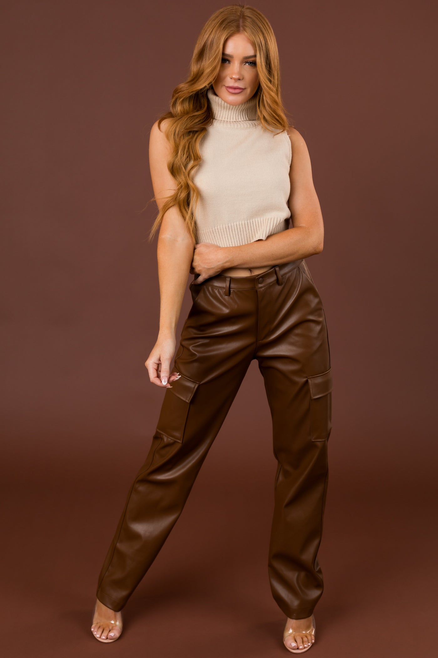 Sepia Faux Leather Cargo Straight Leg Pants