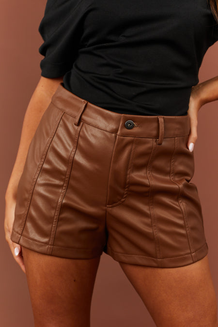 Sepia Faux Leather Seam Detail Shorts