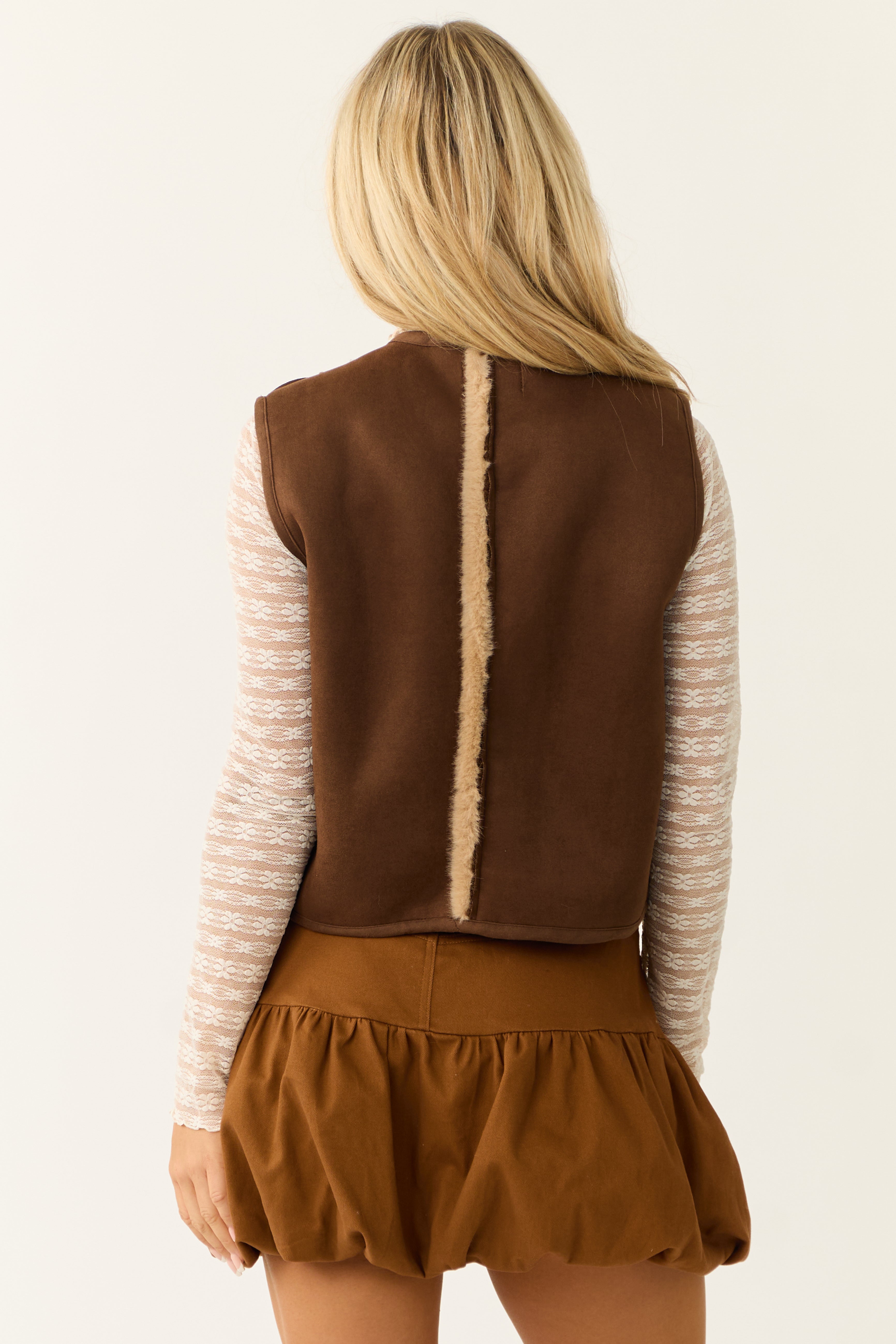 Sepia Faux Suede Fur Trim Thick Vest