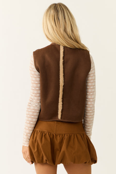 Sepia Faux Suede Fur Trim Thick Vest