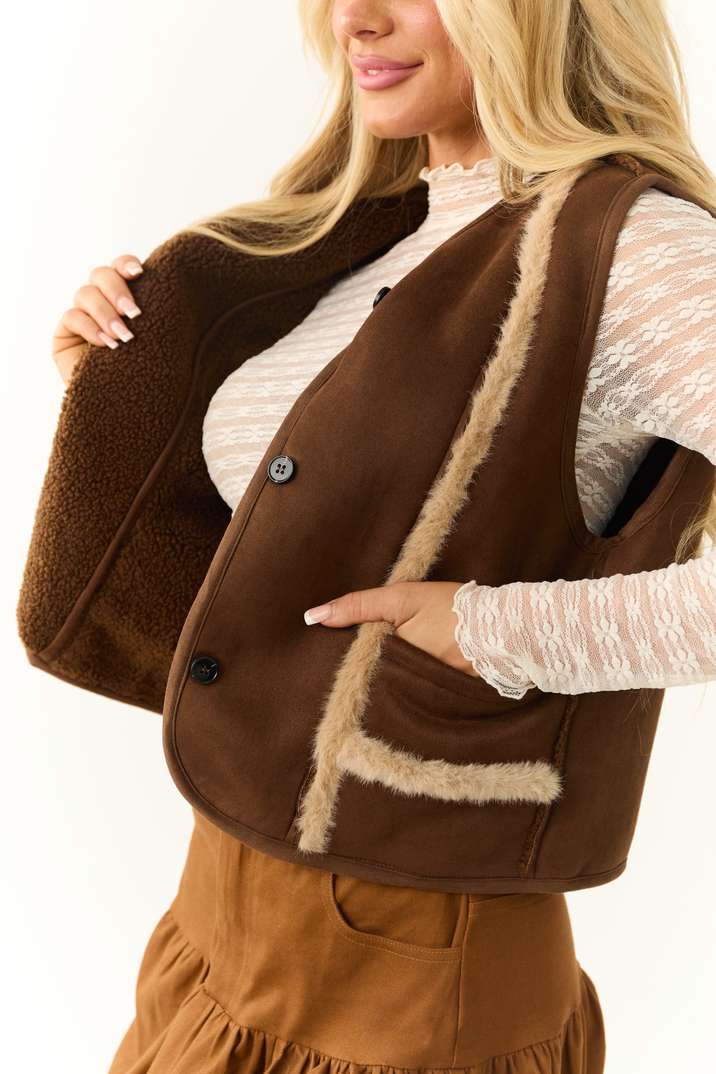 Sepia Faux Suede Fur Trim Thick Vest