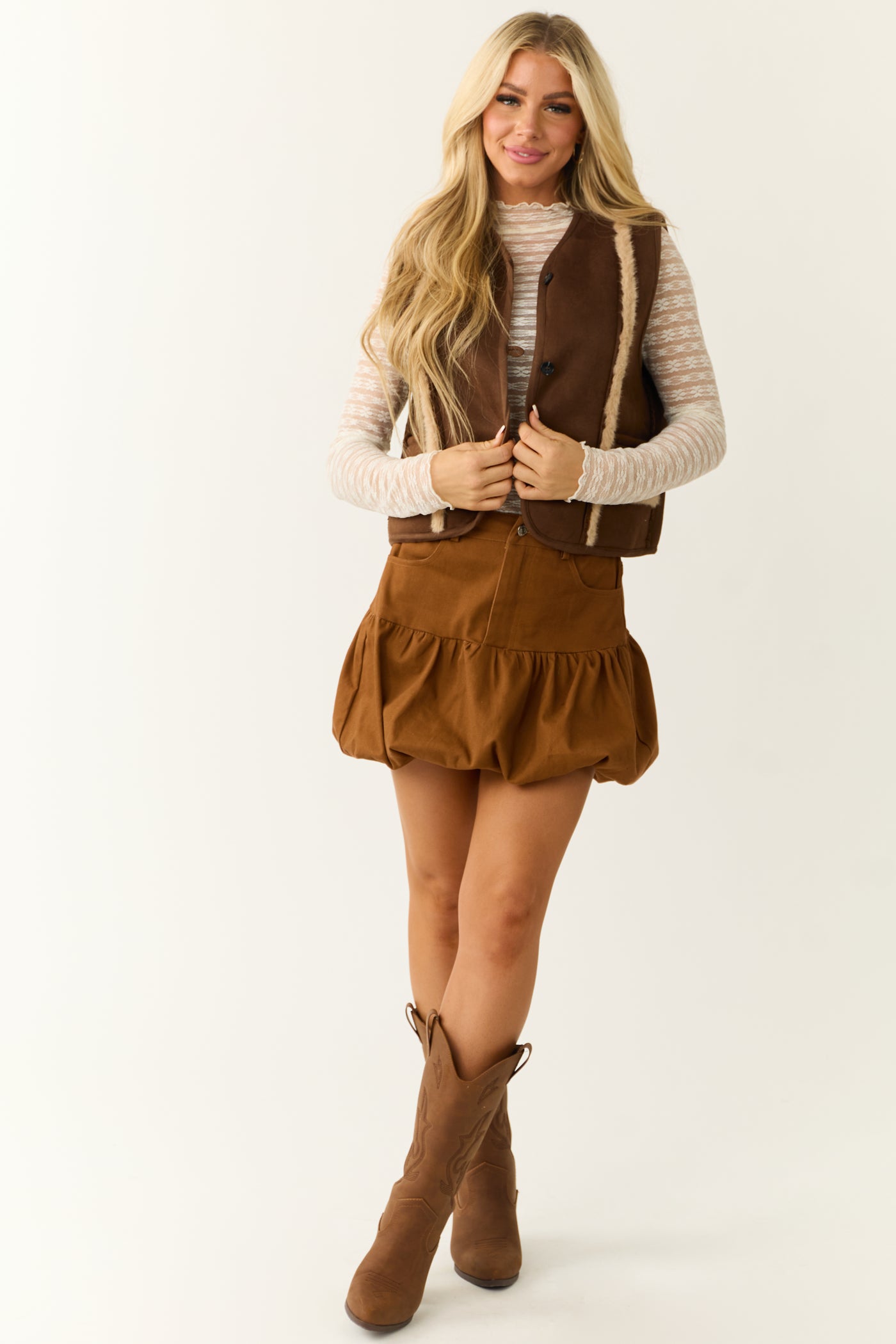 Sepia Faux Suede Fur Trim Thick Vest