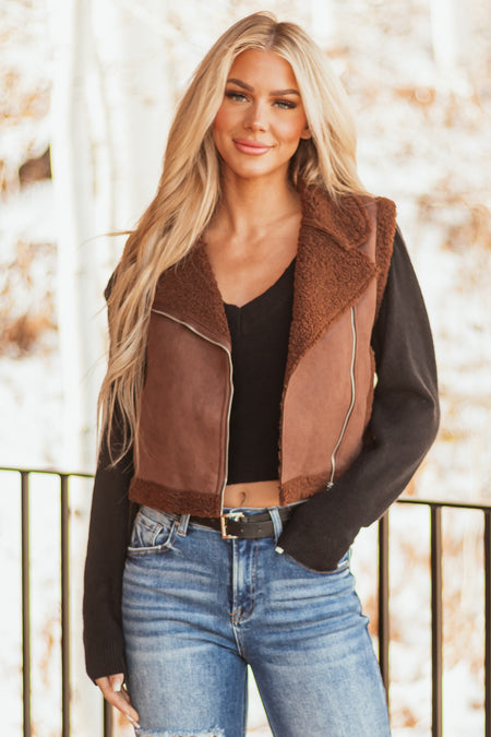 Sepia Faux Suede Sherpa Lined Zip Up Vest