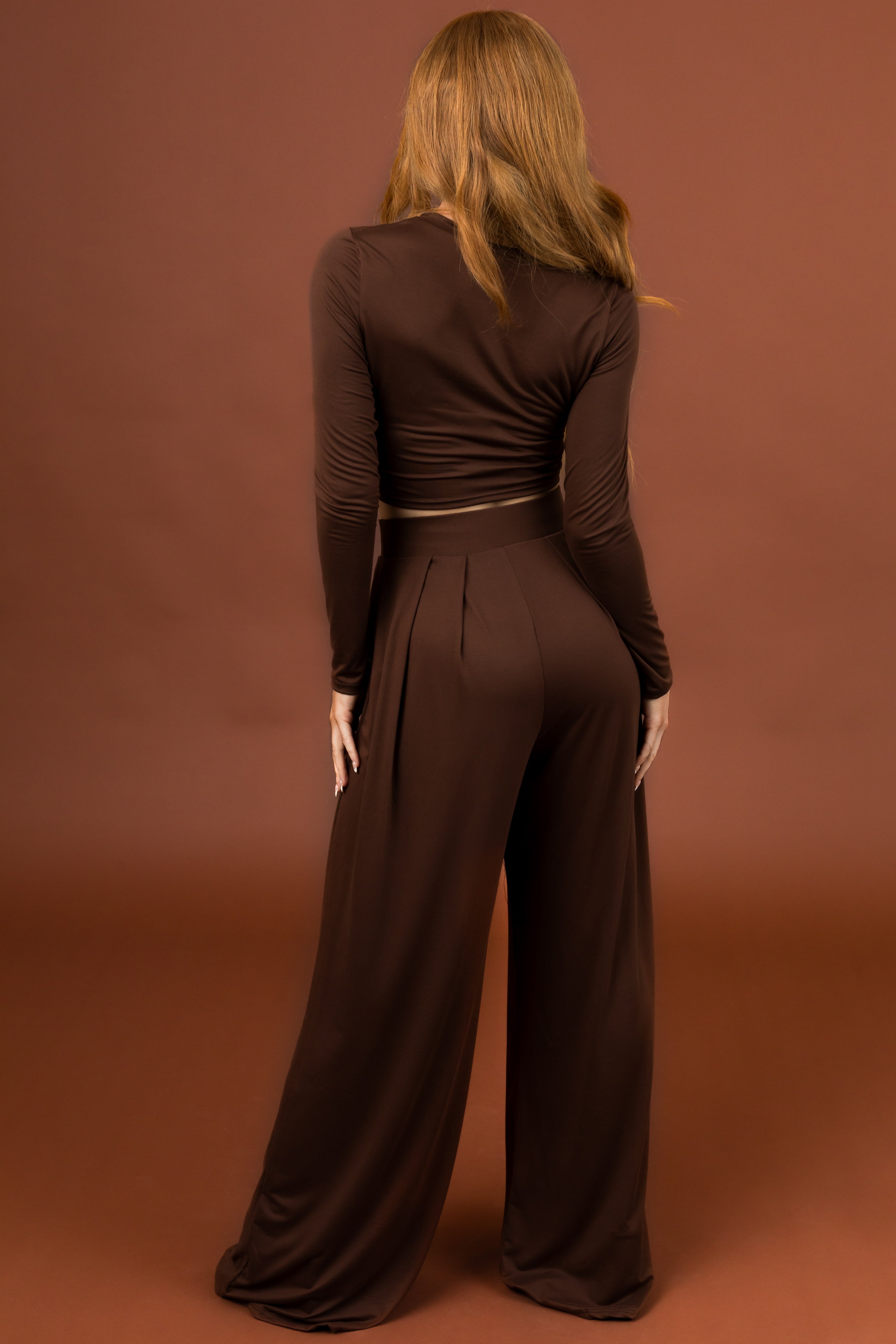 Sepia Long Sleeve Crop Top and Wide Pants Set