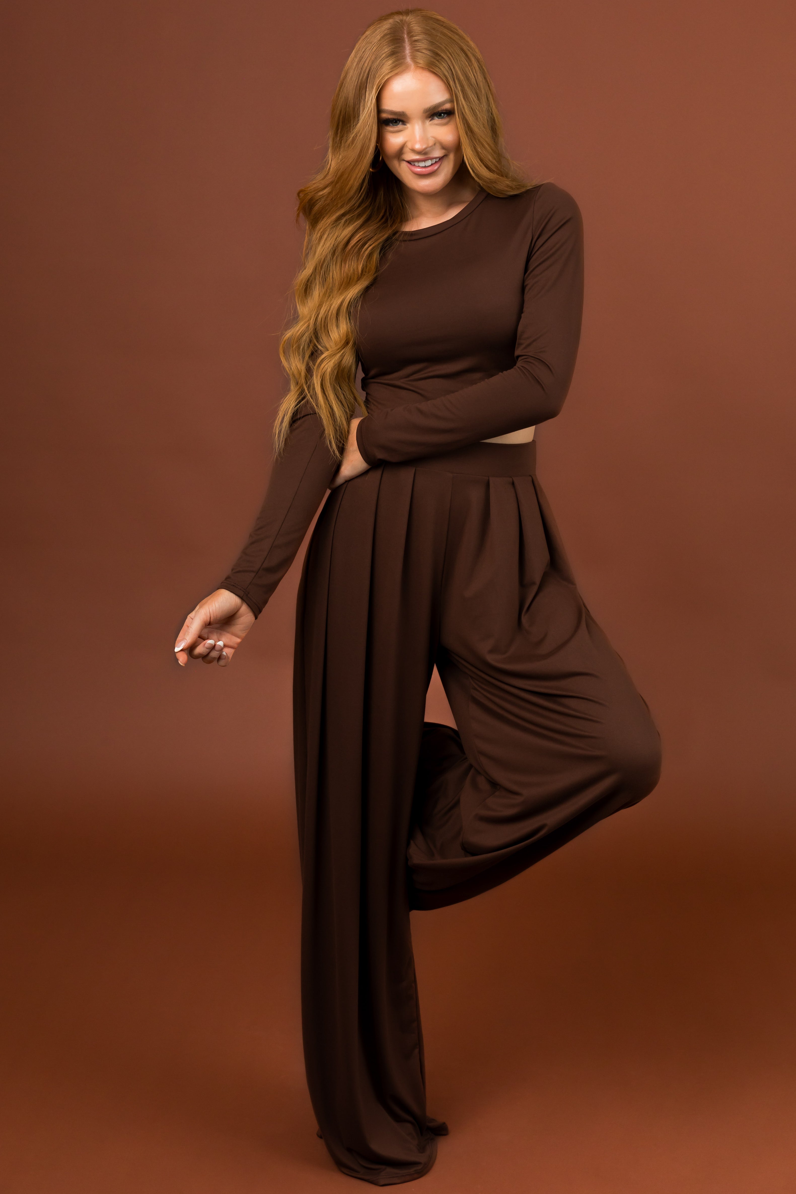 Sepia Long Sleeve Crop Top and Wide Pants Set