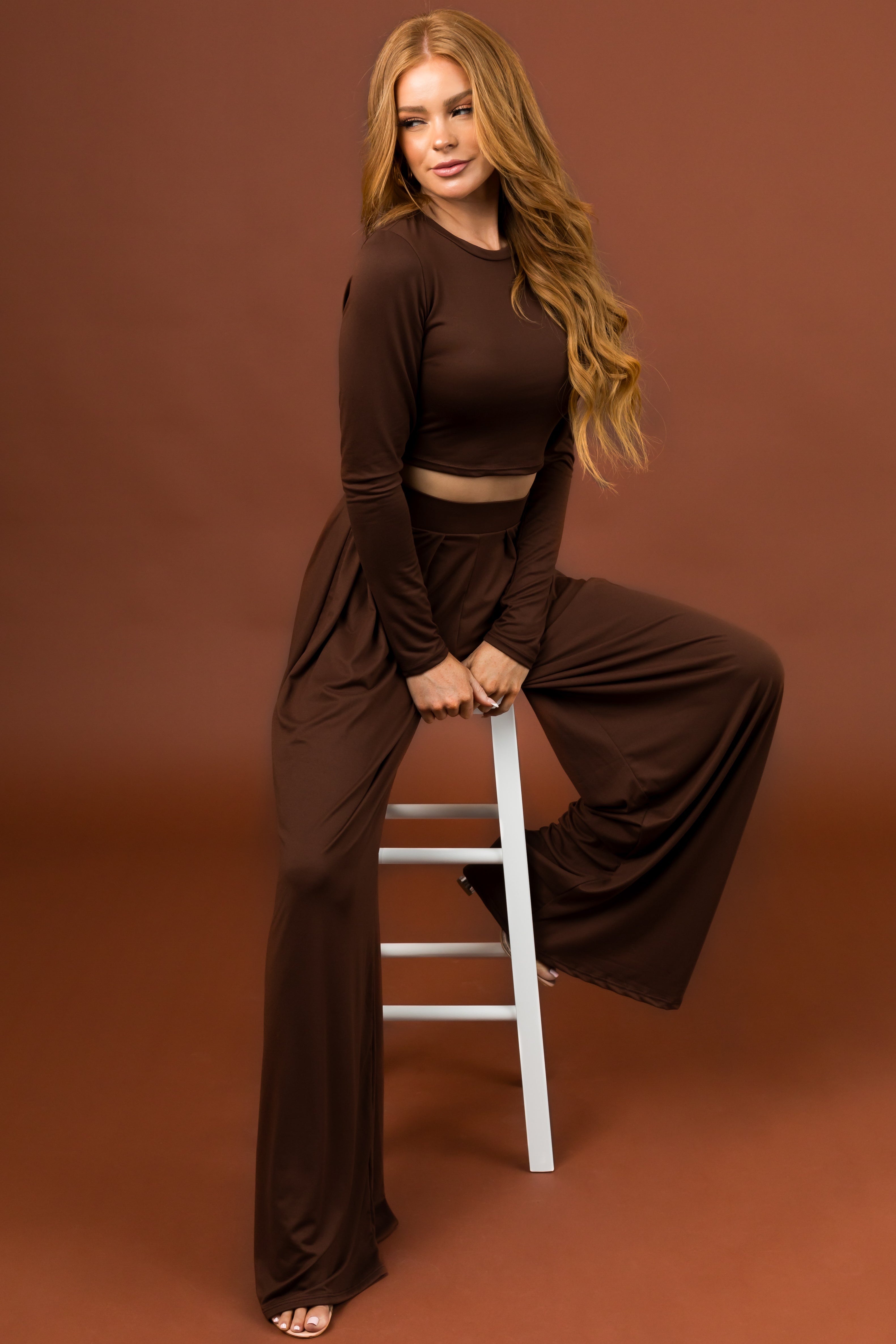 Sepia Long Sleeve Crop Top and Wide Pants Set