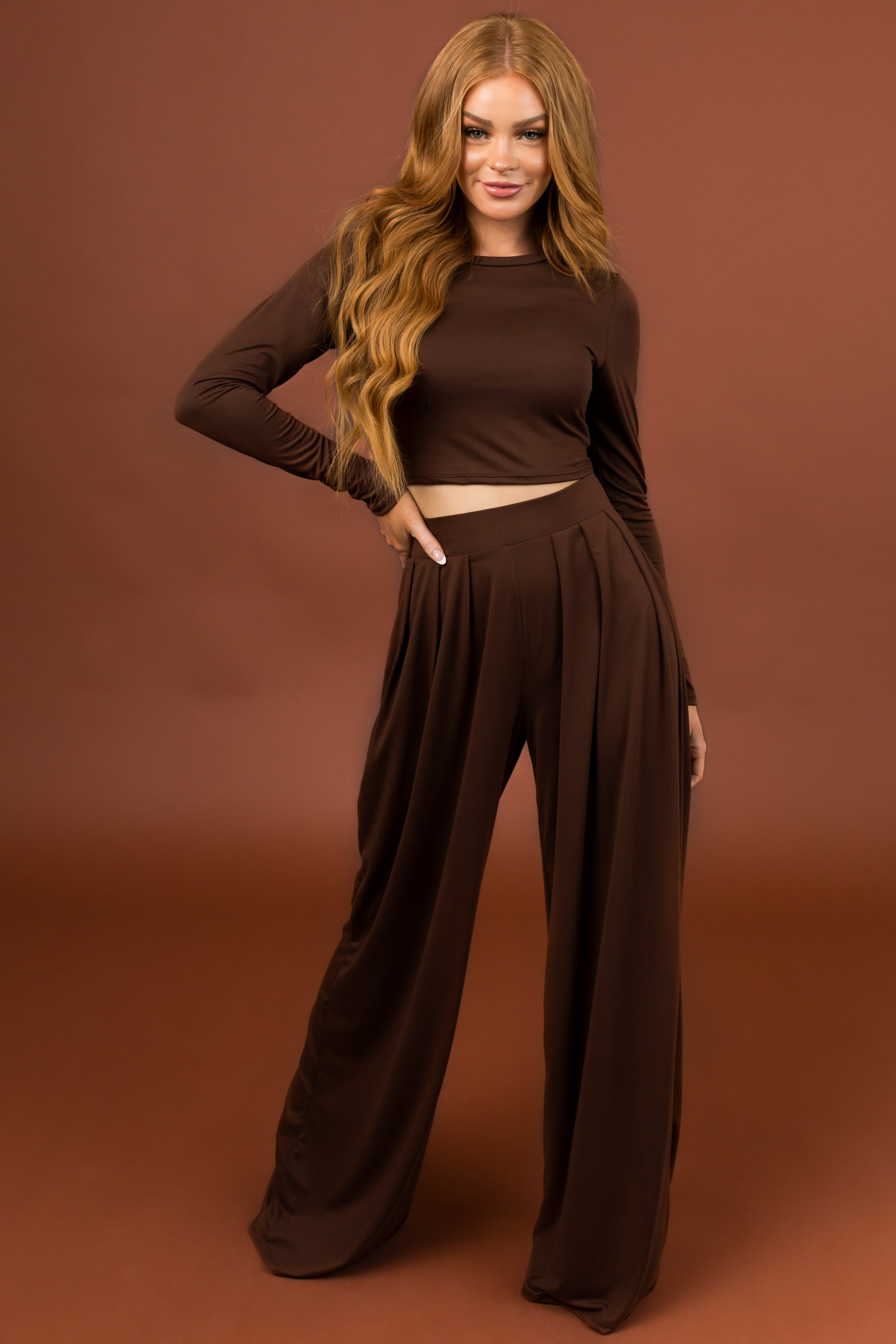 Sepia Long Sleeve Crop Top and Wide Pants Set