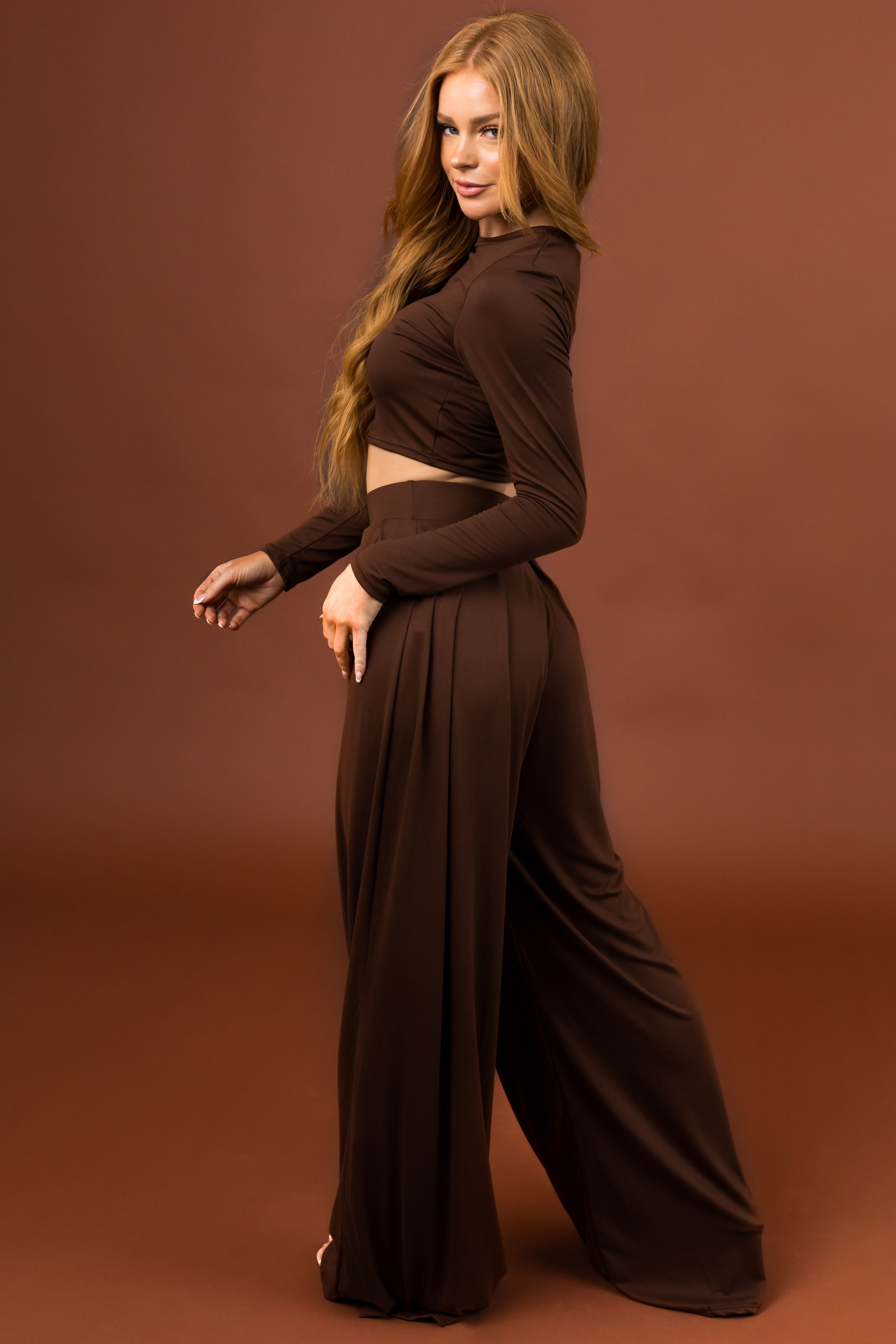 Sepia Long Sleeve Crop Top and Wide Pants Set