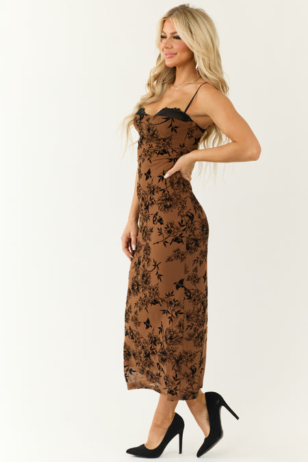 Sepia Mesh Floral Burnout Velvet Midi Dress