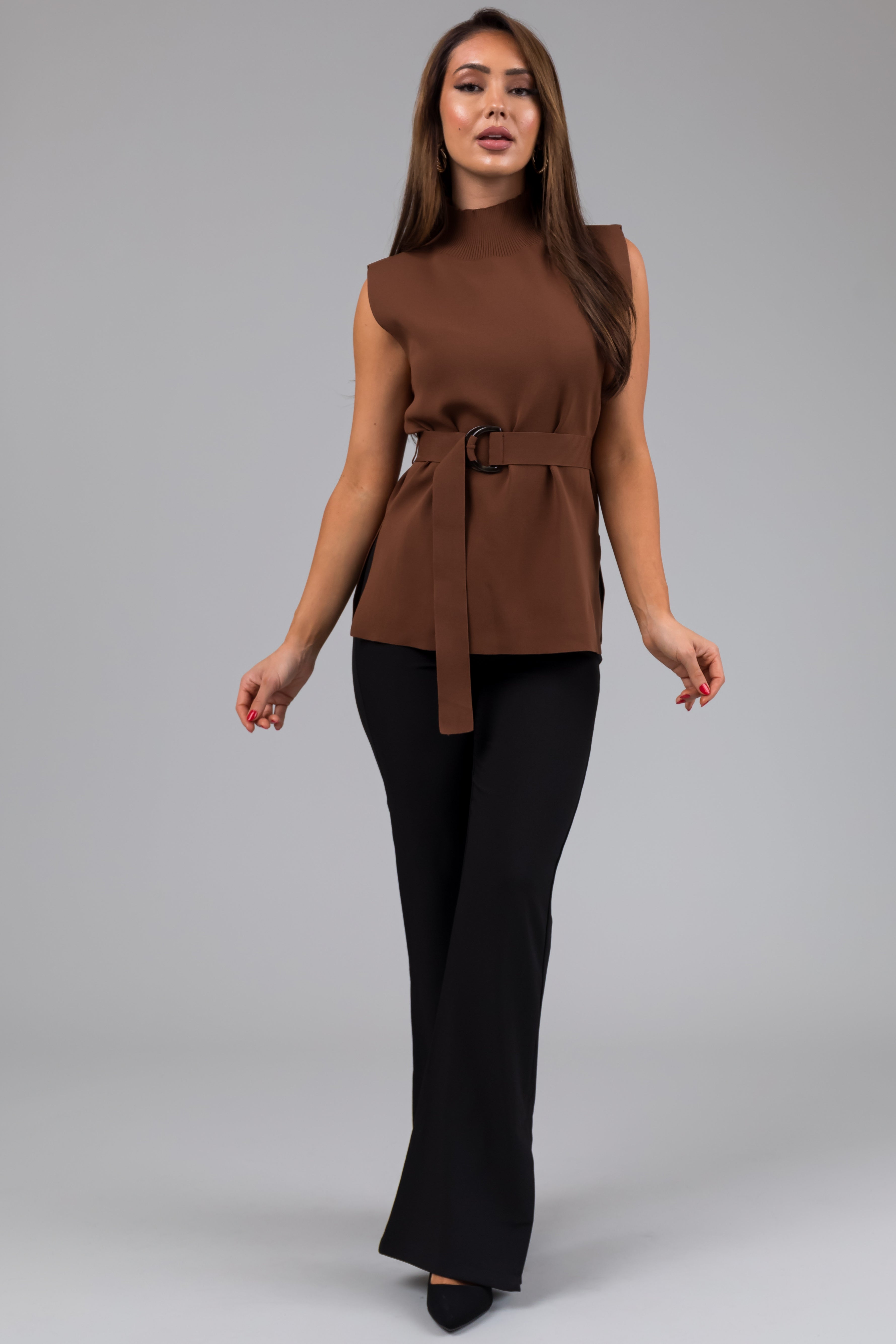 Sepia Mock Neck Belted Ribbed Knit Top