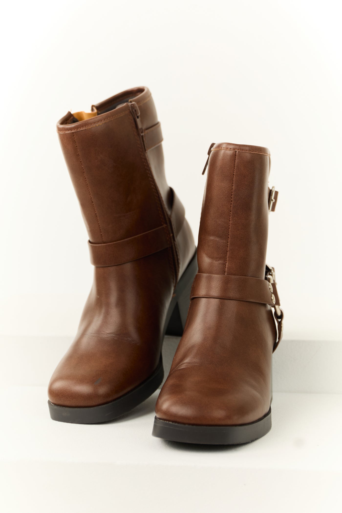 Sepia Buckle Strap Chunky Heel Booties