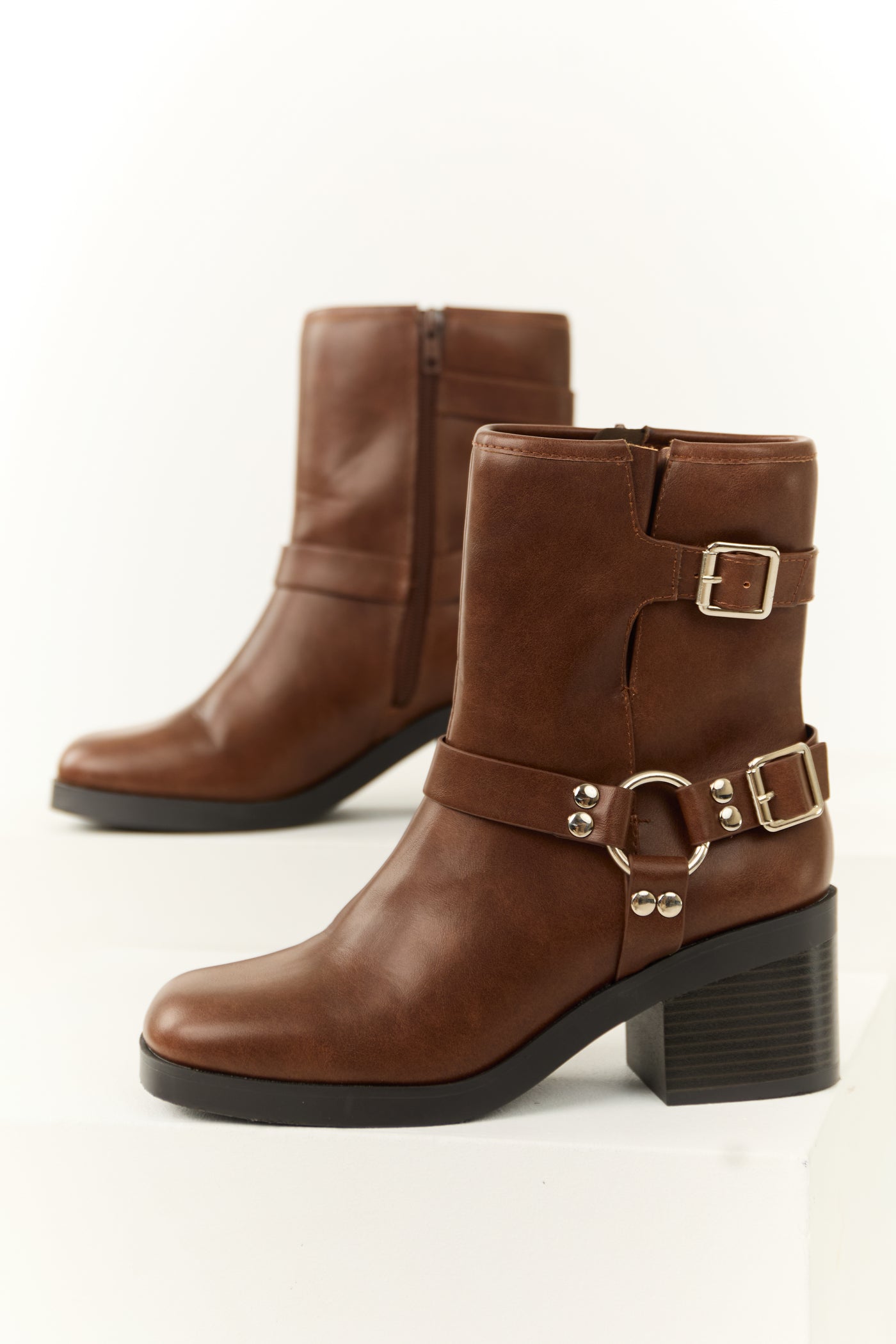 Sepia Buckle Strap Chunky Heel Booties