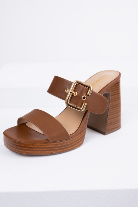 Sepia Buckle Strap Platform Chunky Heels