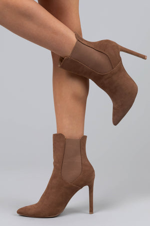 Sepia Faux Suede Elastic Panel Stiletto Booties