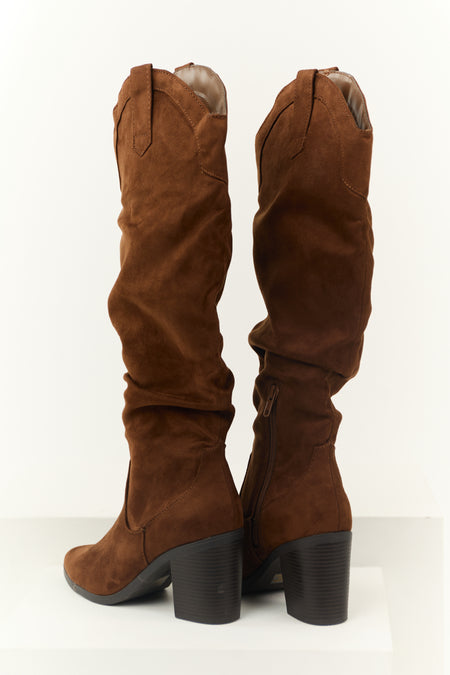 Sepia Faux Suede Slouchy Knee High Heeled Boots