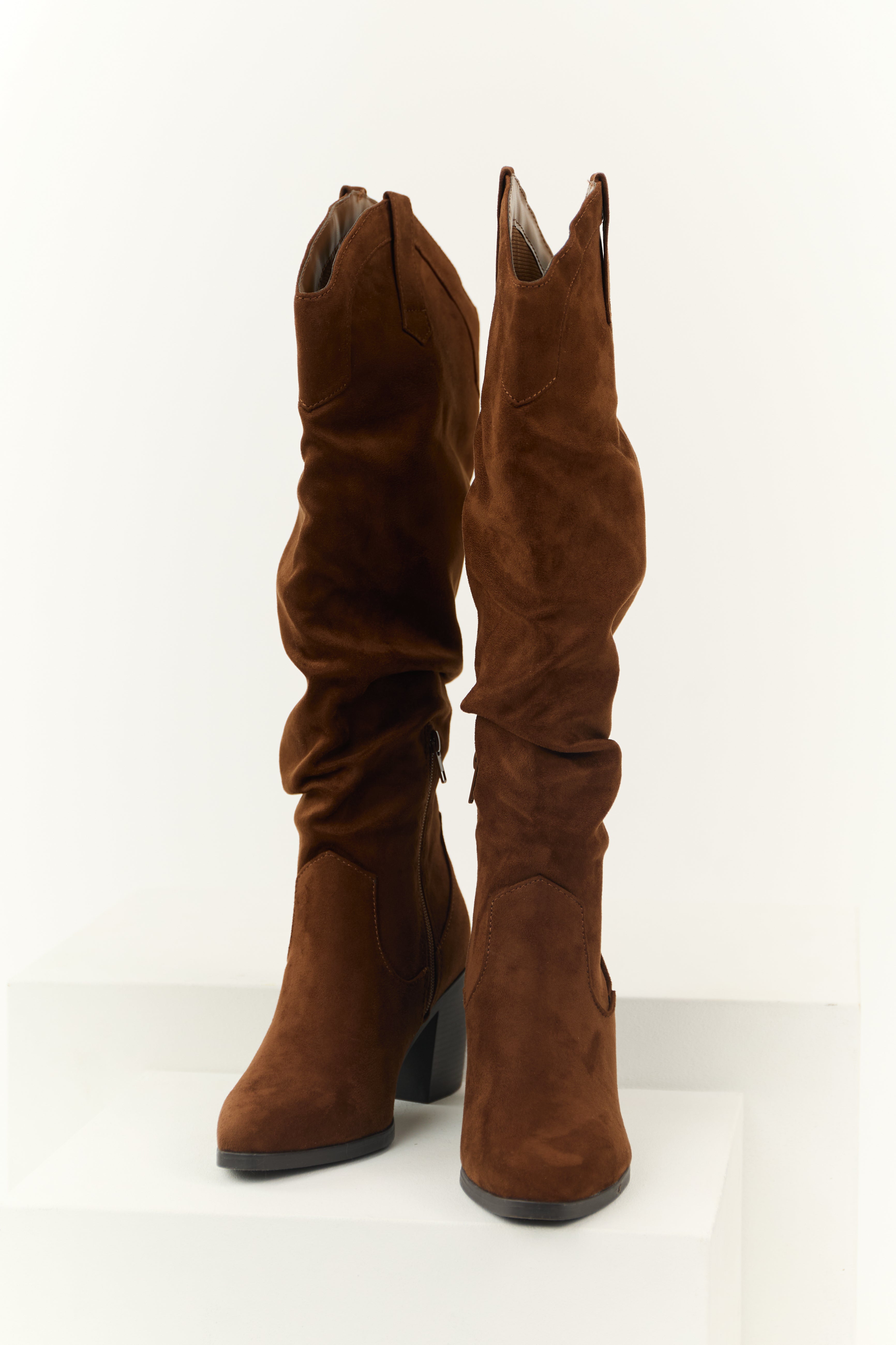 Sepia Faux Suede Slouchy Knee High Heeled Boots