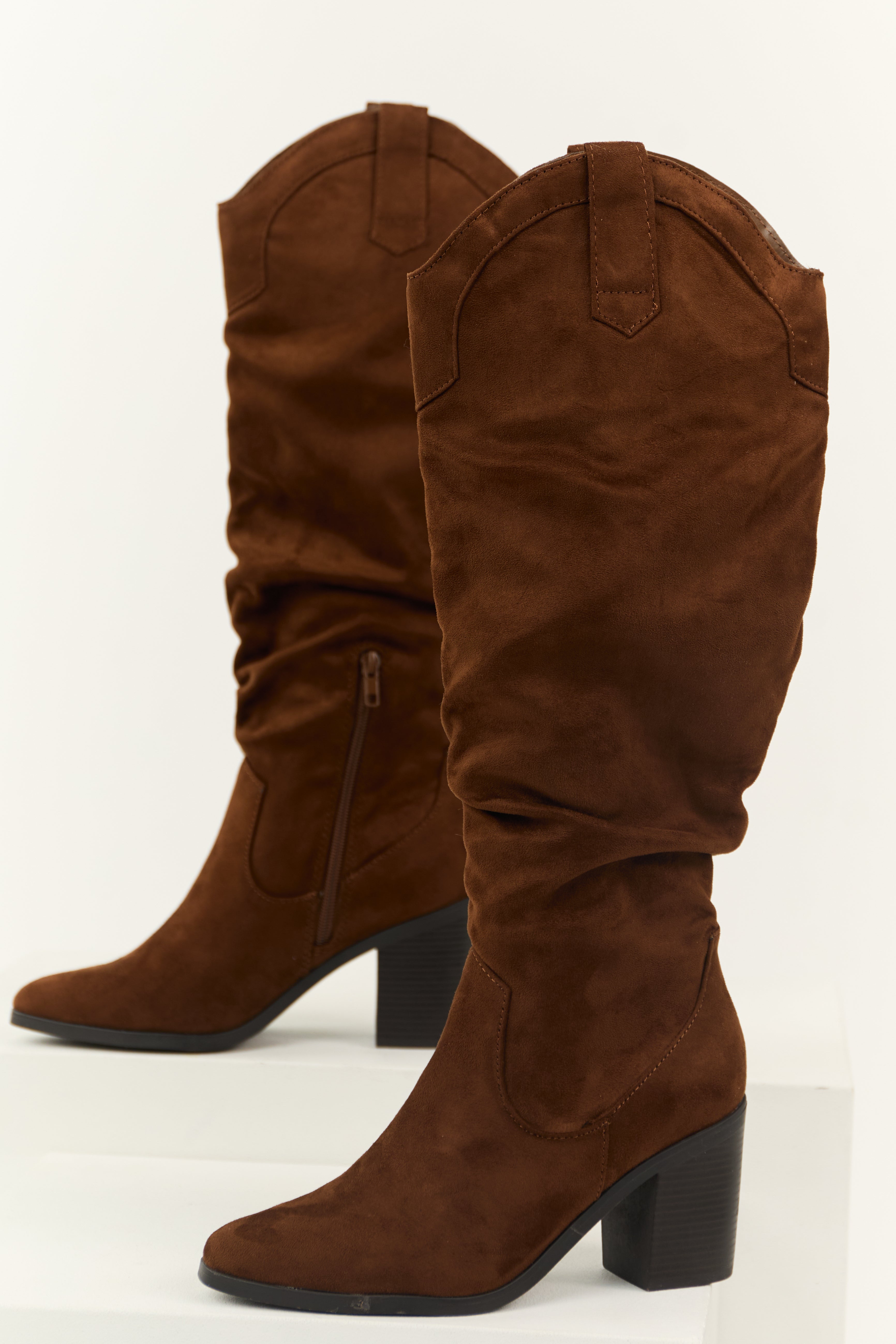 Sepia Faux Suede Slouchy Knee High Heeled Boots