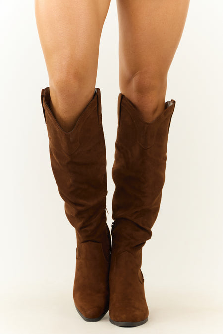 Sepia Faux Suede Slouchy Knee High Heeled Boots