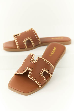 Sepia Straw Trim Cut Out Strap Slide Sandals