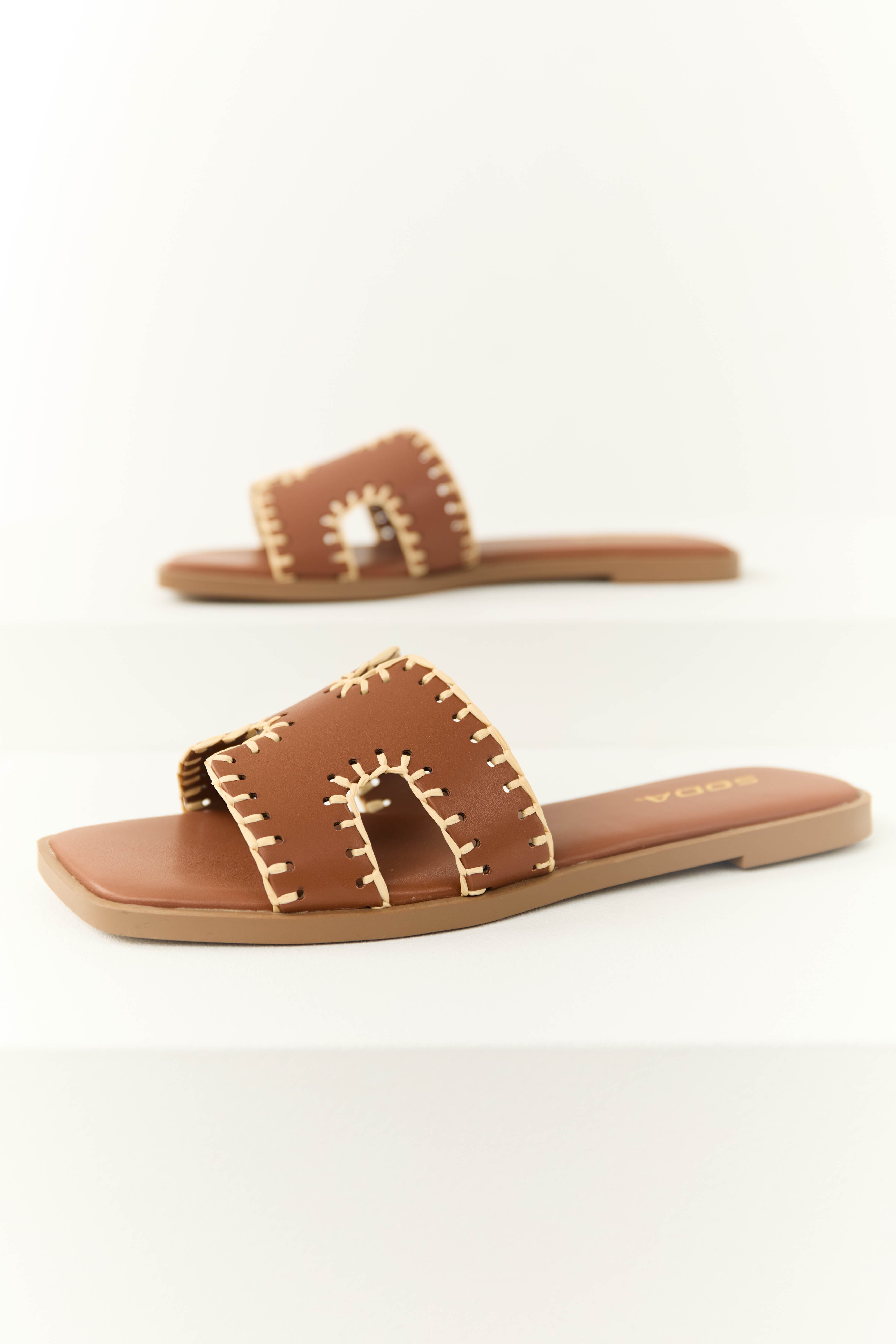 Sepia Straw Trim Cut Out Strap Slide Sandals